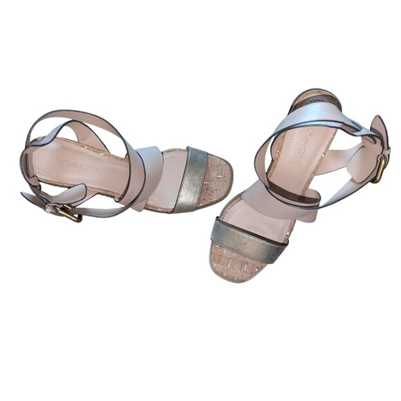 EUC COACH Mandy Sandals - Studded Beige & Gold Metallic Leather Heels - Sz 9.5 - Picture 4 of 16